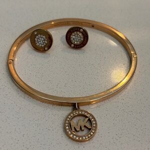 Michael Kors Gold-Tone Bracelet with Logo Charm and Matching Earrings